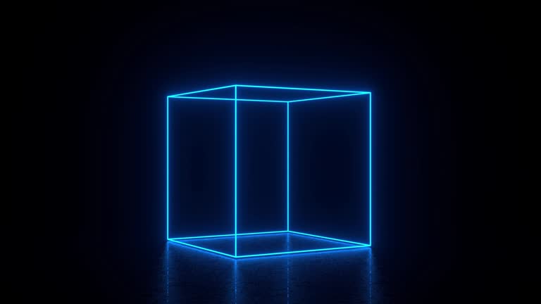 4K Futuristic Neon Ultraviolet Fluorescent Light Turning Cube Shape Loopable Animation Black Background