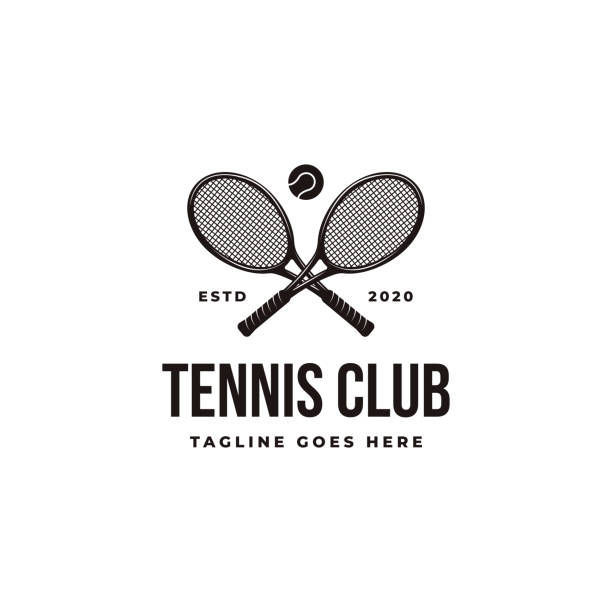 ilustraciones, imágenes clip art, dibujos animados e iconos de stock de icono vectorial de tenis vintage, club de tenis, torneo, campeonato sobre fondo blanco - raqueta de tenis