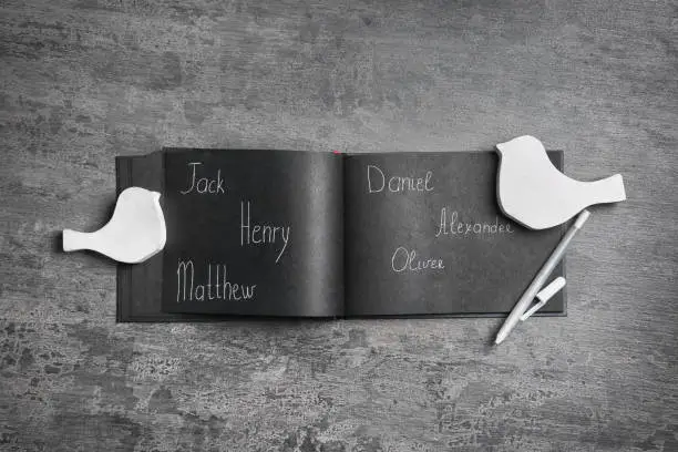 Photo of Notebook with different baby names, pen and bird shaped figures on grey table, flat lay