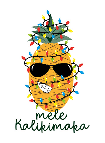 Mele Kalikimaka Happy New Year Christmas in Hawaiian pineapple in sunglasses with a garland. Xmas greeting.