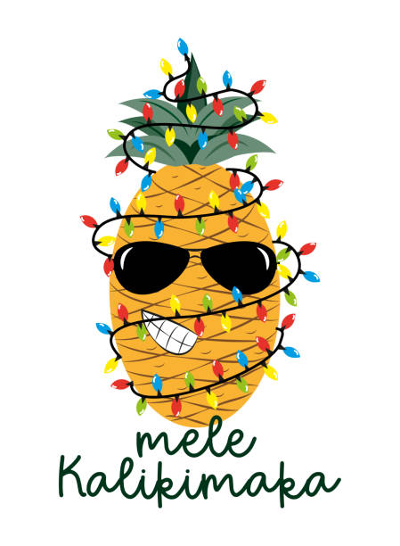 Mele Kalikimaka Happy New Year Christmas in Hawaiian pineapple in sunglasses with a garland Mele Kalikimaka Happy New Year Christmas in Hawaiian pineapple in sunglasses with a garland. Xmas greeting. hula dancer stock illustrations