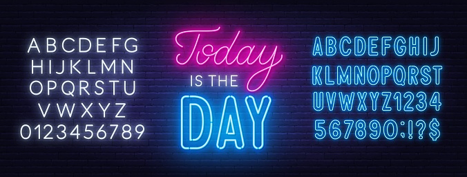 Today is the Day neon lettering on brick wall background. White and blue neon alphabets.