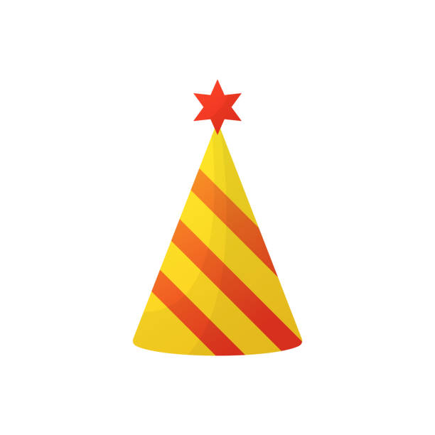 ilustrações de stock, clip art, desenhos animados e ícones de yellow funny cartoon cone cap for celebration anniversary. colorful birthday party hat on white background. accessory for decoration new year party. isolated vector illustration - party hat birthday confetti streamer