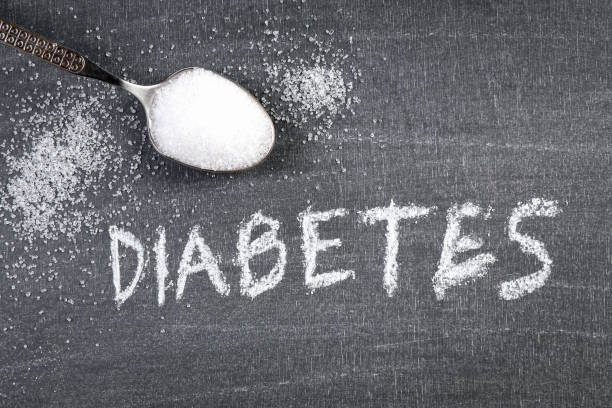 istock Diabetes. Teaspoon with white sugar. Chalk text 1352619971