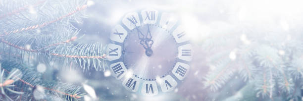 istock New Year celebration banner with retro dial clock with snow, fir branches and sun light. Countdown to midnight. 1352620040