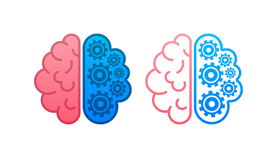 Brain. Digital brain in hand. Neural network. IQ testing. Brainstorm think idea. Vector stock illustration