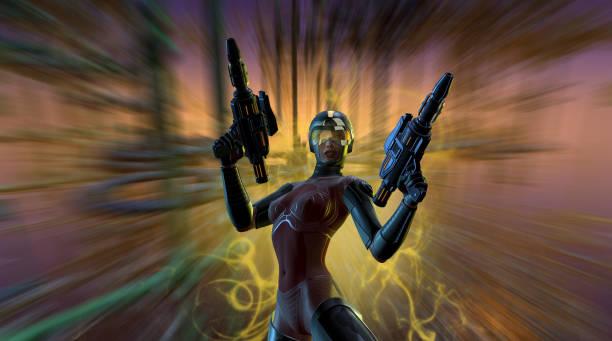 Futuristic Warrior armed with guns, 3d illustration