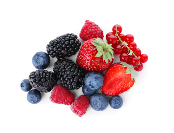 istock Mix of different fresh berries isolated on white, top view 1352621663