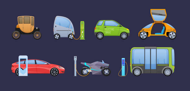 illustrazioni stock, clip art, cartoni animati e icone di tendenza di rifornimento di elettricità e benzina auto coda al set di stazione. servizio di rifornimento carburante - gasoline electricity biofuel car