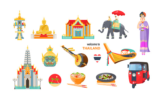 Thailand travel elements set. Asian woman in traditional clothes, elephant, Buddha, heart flag, knock knock taxi, gondola, temple, church, dragon face mask, noodle spice food, sau cartoon vector