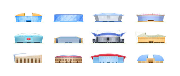 Sport stadium arena buildings set. Architecture for public team sports game competition event Sport stadium arena buildings set. Architecture for public team sports game competition championship event. Modern construction exterior with stage. Football, basketball, volleyball vector flat amphitheater stock illustrations