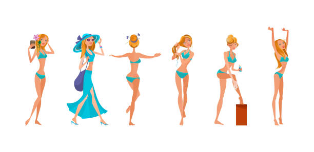 水着リラックスビーチセットの女性。ビキニ夏旅行休暇フラットベクトルでかわいい人 - blond hair cartoon women beach点のイラスト素材／クリップアート素材／マンガ素材／アイコン素材
