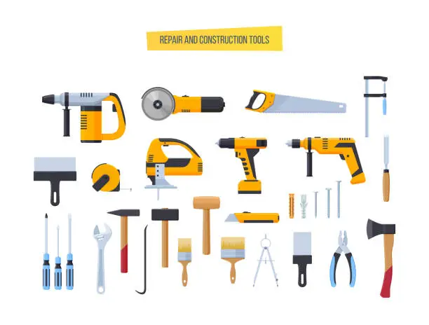 Vector illustration of Building repair construction tools set with place for text. Drill, hammer, screwdriver, saw, file