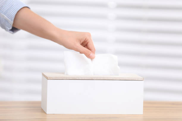 istock Woman taking paper tissue from holder on light background, closeup 1352623036