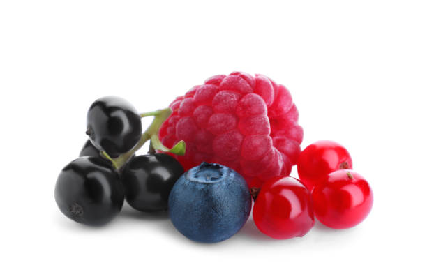 istock Mix of different fresh berries isolated on white 1352623228