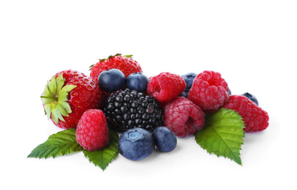 istock Mix of different fresh berries isolated on white 1352623442