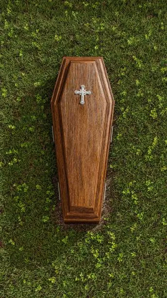 Photo of coffin on green grass