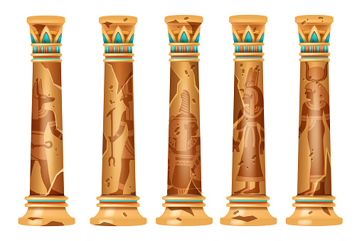 Cracked vintage pedestal, decorative broken ornate Egyptian exterior. Ancient column Anubis outline
