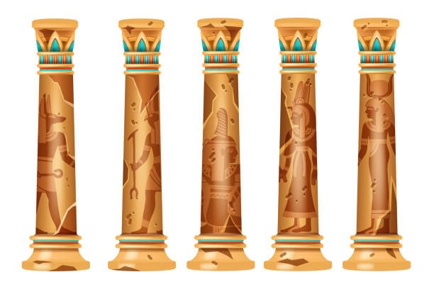 Ancient Egypt column set, vector old stone pillar collection, antique temple object, god silhouette. Cracked vintage pedestal, decorative broken ornate Egyptian exterior. Ancient column Anubis outline egypt palace stock illustrations