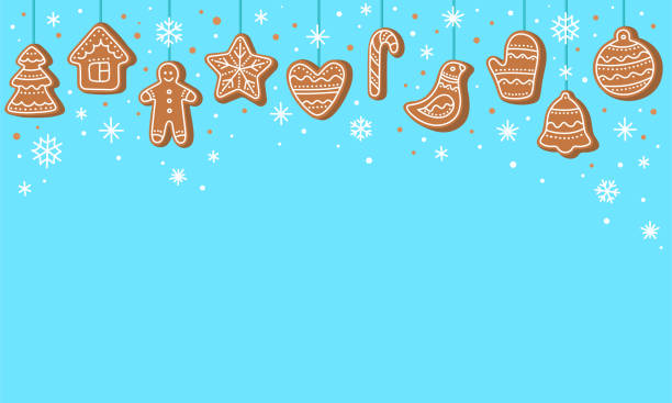 istock Christmas background. Hanging gingerbread man, tree, house, candy cane, mitten, bird, star, bell, heart cookies isolated on blue color with snowflakes. Festive background with Christmas gingerbread. Vector illustration. 1352643015