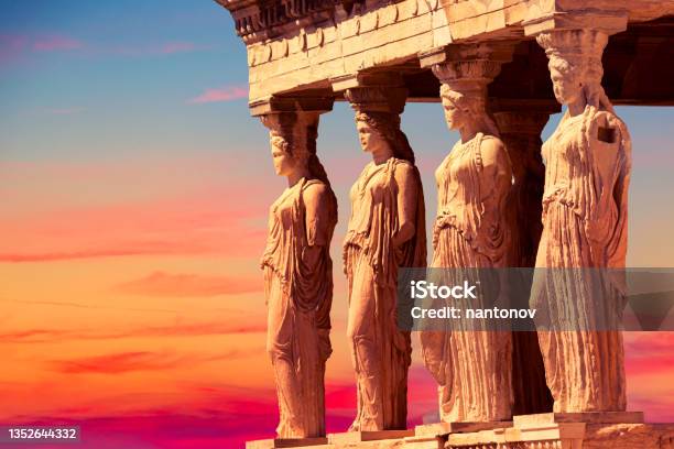 Detail Of Caryatid Porch On The Acropolis Uring Colorful Sunset In Athens Greece Ancient Erechtheion Or Erechtheum Temple World Famous Landmark At The Acropolis Hill Stock Photo - Download Image Now