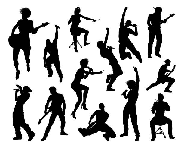 muzycy rock pop band silhouettes - singing silhouette singer karaoke stock illustrations