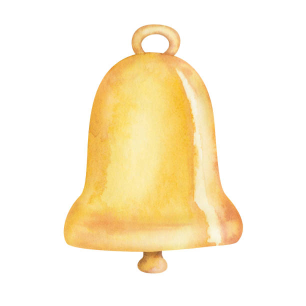 ilustraciones, imágenes clip art, dibujos animados e iconos de stock de ilustración de acuarela pintada a mano jingle bell amarillo dorado con percha aislada sobre blanco. elemento prediseñado de diseño para guirnalda decorativa - bell handbell christmas holiday