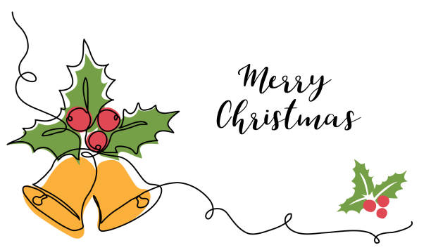 クリスマスベル、ハンドベル、ヒイラギのベリーのイラストとジングルベル。メリークリスマスベクトルの背景。クリスマスのお祝いのための1つの連続した線画画、背景、ポスター、バナー - bell handbell christmas holiday点のイラスト素材／クリップアート素材／マンガ素材／アイコン素材