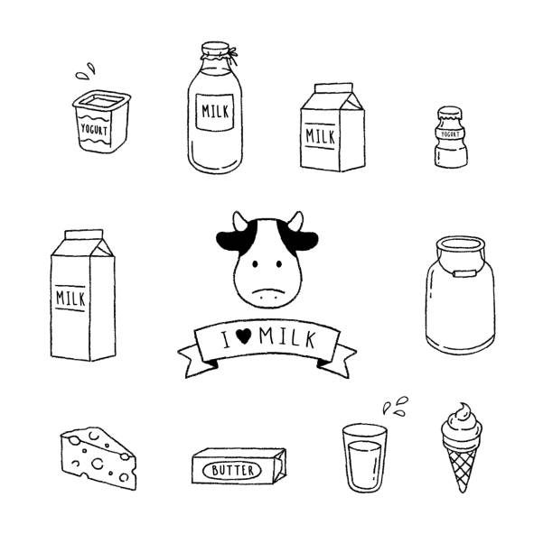 симпатичный набор иконок молока. молоко и молочный продукт каракули. стиль ручной работы. черно-белая векторная иллюстрация линии эскиза. - latté glass coffee milk stock illustrations