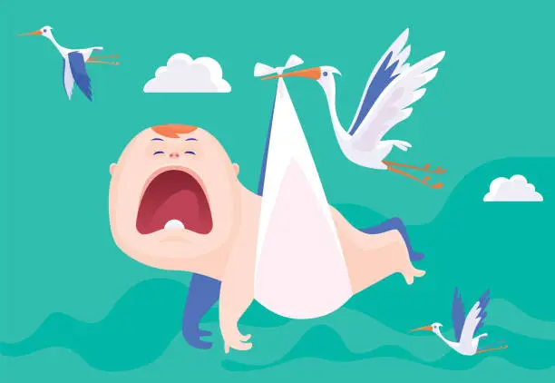 Vector illustration of stork delivering gigantic crying baby