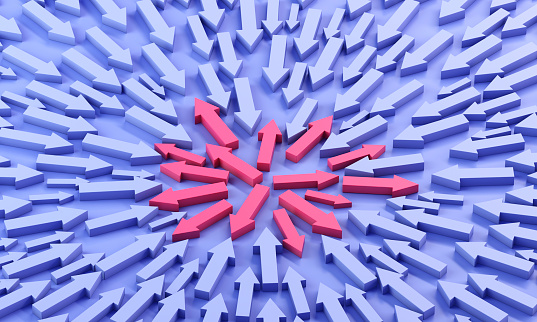 Two groups of arrows, one red and one blue, face off against each other. 3d illustration.