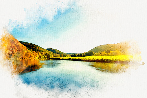 Watercolor Artwork of a river in autumn landscape \n\nMy own photo was taken as source for this photoshop effect