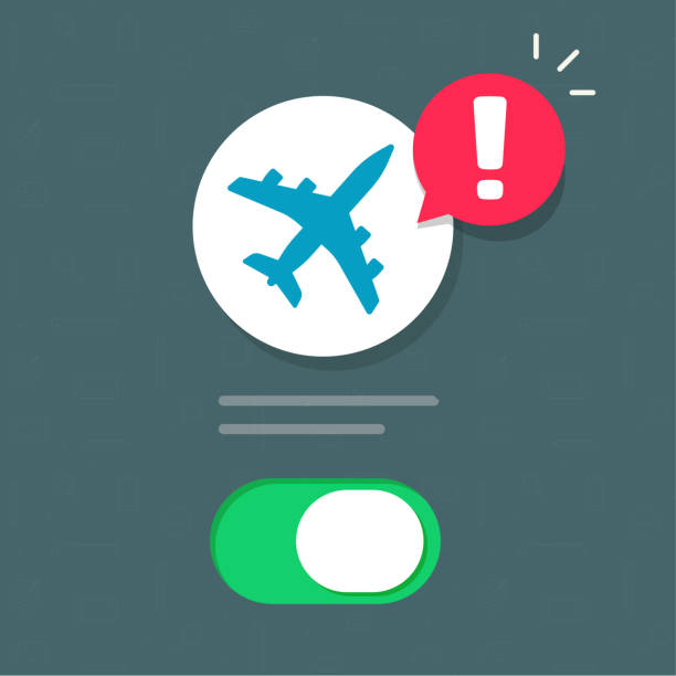 illustrazioni stock, clip art, cartoni animati e icone di tendenza di modalità aereo avviso ui design vettoriale o aereo aereo interfaccia interruttore avviso avviso cartone animato piatto, volo urgente info notifica isolato - offline tecnologia