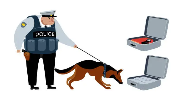 Vector illustration of Baggage inspection. A policeman keeps his shepherd dog on a leash. A suitcase with drugs and a bomb.