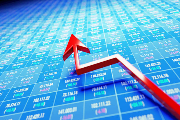 istock Red Arrow Moving Up Over Stock Market Data On Trading Board 1352651301