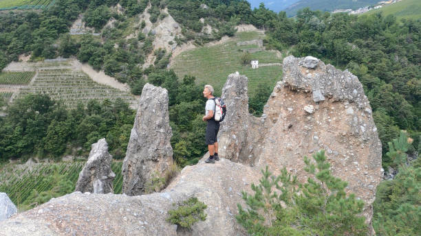 istock Mature man explores hoodoos above lush valley 1352653411