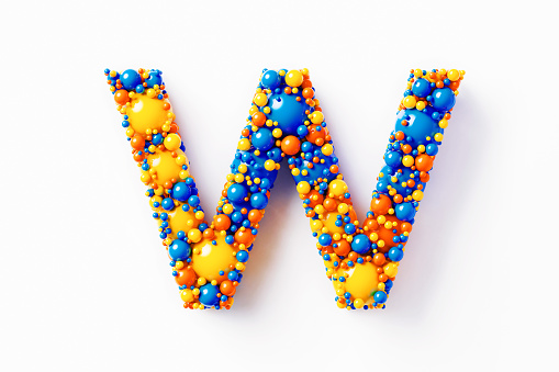 Colorful capital letter W made of many spheres sitting on white background. Horizontal composition with clipping path and copy space. Directly above.