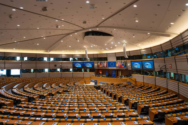 Hemicycle Plenary Hall of the European Parliament in Brussels Wide-angle shot of the empty plenary hall of the European Parliament in Brussels european parliament stock pictures, royalty-free photos & images