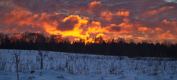 Winter sunset landscape with snow-covered field, Latvia.