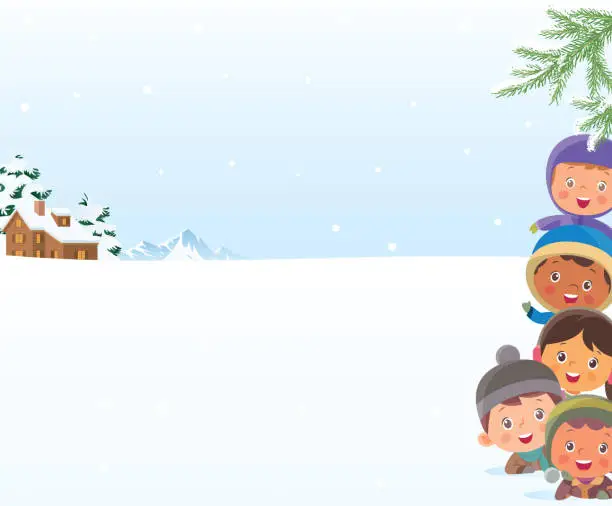 Vector illustration of A multi-ethnic group of elementary age children are standing together outside on a winter day. They are smiling while looking at the camera.