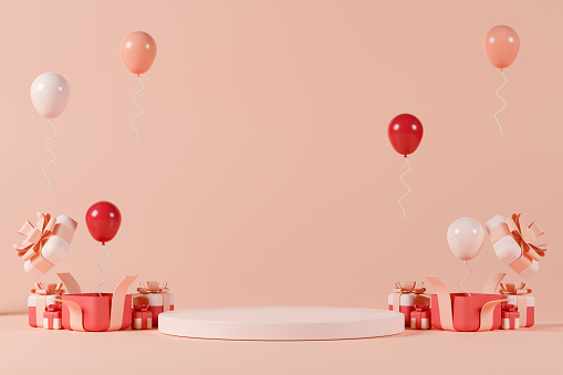 3d rendering empty light pink cylinder podium with red gift boxes and balloons. Scene for product display.