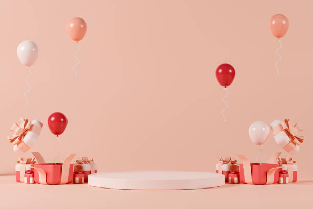 3d rendering podium with gift boxes. 3d rendering empty light pink cylinder podium with red gift boxes and balloons. Scene for product display. gift vibrant color red pink stock pictures, royalty-free photos & images