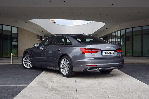 Bury St Edmunds, United Kingdom – July 18, 2022: A Grey 2014 Audi A5 Cabriolet high performance car parked in street