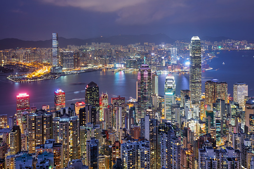 Hong Kong skyscrapers at night, China