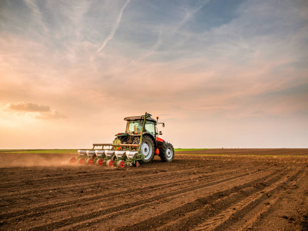 Tractor drilling seeding crops at farm field. Agricultural activity.