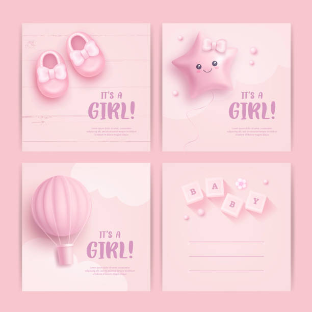 女児のためのベビーシャワーの招待状のセット - its a girl点のイラスト素材／クリップアート素材／マンガ素材／アイコン素材