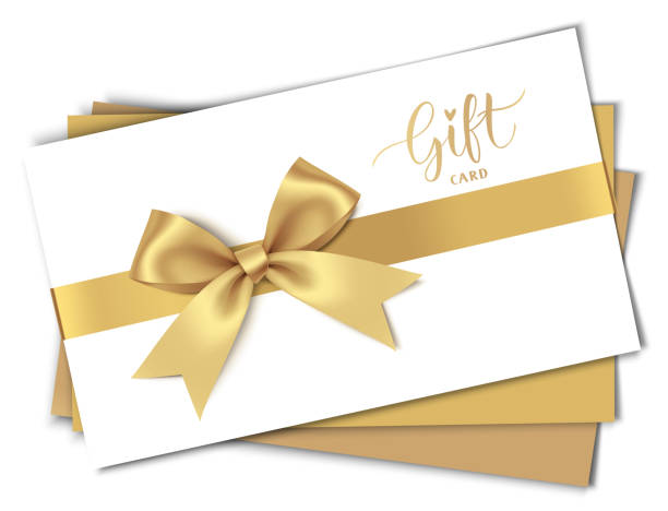 Decorative white gift card design template with gold bow and ribbon. vector art illustration