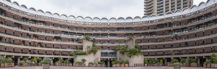 The curving balconies of the flats in the Barbican estate, London.