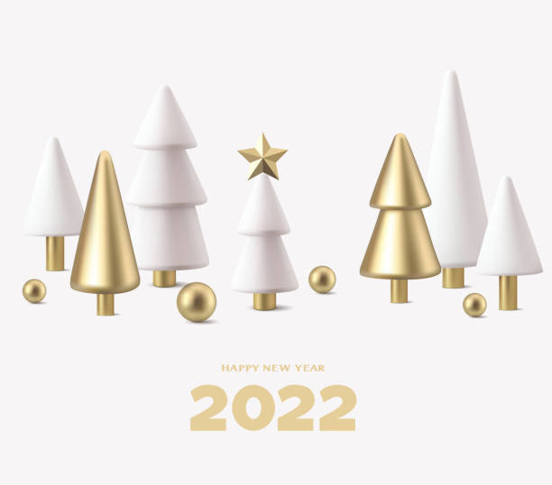 istock 3D Christmas abstract fir tree and golden ball with happy New Year 2022 text on white background . New Year and Christmas design template. 1352666184