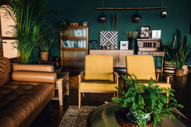 A stylish living room interior with brown and yellow coloured furniture and wooden elements with dark green coloured wall. Decorated with plants and butterfly specimen stock photo
